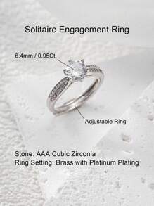 1 件仿钻单石订婚戒指，带戒指盒，CZ（方晶锆石）女士结婚周年纪念戒指，精致白金镀铂金可调节戒指，带珠宝戒指礼盒，浪漫闪亮戒指