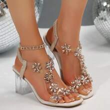 Sandalias de tacón ancho con abertura de punta con rhinestones para mujer, de moda y cómodas