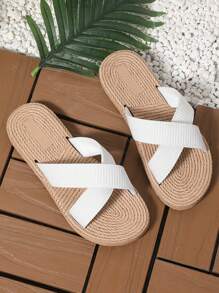 女士时尚绳底交叉带平底凉鞋，户外沙滩舒适轻便拖鞋 - 白色 - 查看 7