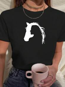 Women's Babylook T-Shirt Horse And Woman Hollow Silhouette Love Animals Horse 100% Cotton Various Colors - 黑色 - 查看 1