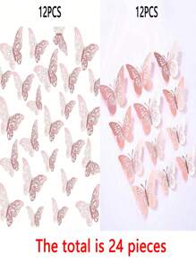 Set de 12/24 piezas de Adhesivos de pared en forma de mariposa 3D huecas y de colores, con textura metálica para decoración - Oro rosa - Ver 6