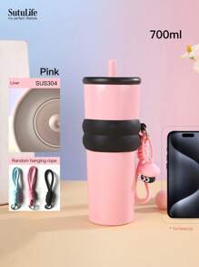 Vaso aislado de gran capacidad de 500ml/700ml/710ml - Taza de café de acero inoxidable con tapa, vaso de viaje para bebidas calientes y frías, compatible con portavasos de coche, material, tapa con orificio y portaboquillas, banda de silicona antideslizante, portátil y duradero para uso en exteriores, campamento, oficina, como regalo de botella de agua para la novia, estudiante, vuelta al cole del chico