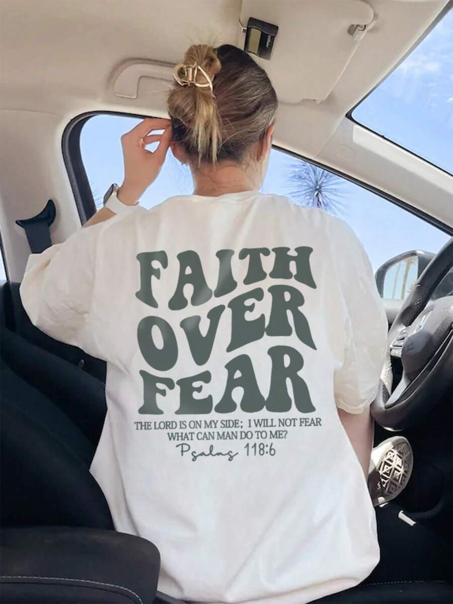 Ladies' Spring And Summer New Style Faith Over Fear Letter Print Daily Casual Round Neck Short Sleeved T-Shirt, Fashionable Vacation Style, Your Daily Necessity. Vacation Outfits Women Graphic Tees Women White Top
