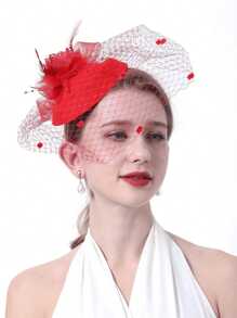 1pc Flower Feather Hair Accessory, Vintage Bridal Headpiece With Face Covering Net For Women's Party Gathering, Elegant Decoration Hat - Multicolor - View 4