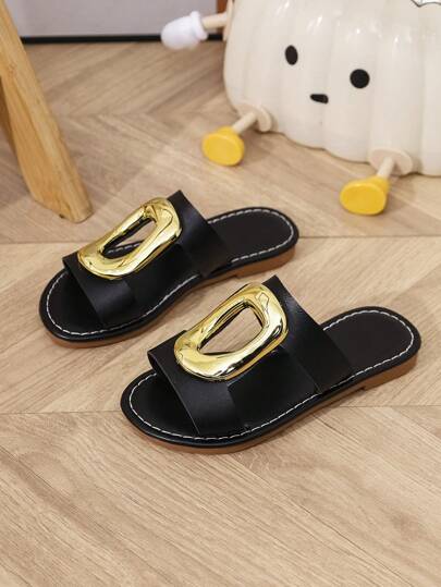 1 Double Round Toe Flat Children's Fashion Slippers, Solid Color, Gold Metal Button Design, Open Toe, Cute Roman Style, Suitable For 3-12 Years Old, Suitable For Casual, Beach, Summer