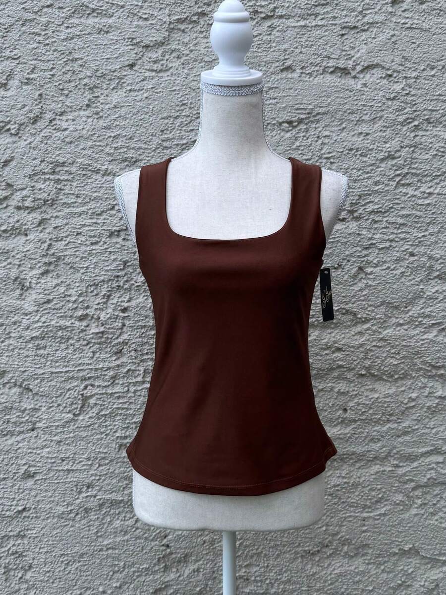 Solid Scoop Neck Tank Top - Brown - View 1