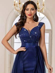 MIUSOL Sequin Floral Lace Sweetheart Neck Contrast Satin Ruffle Trim Mesh Hem Evening Party Maxi Dress, Demure Slim Dinner Dress, Formal Evening Gown, For Wedding Guest, Graduation, Dinner - Navy Blue - View 8