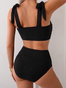 女士时尚竹节图案蝴蝶结性感分体泳衣