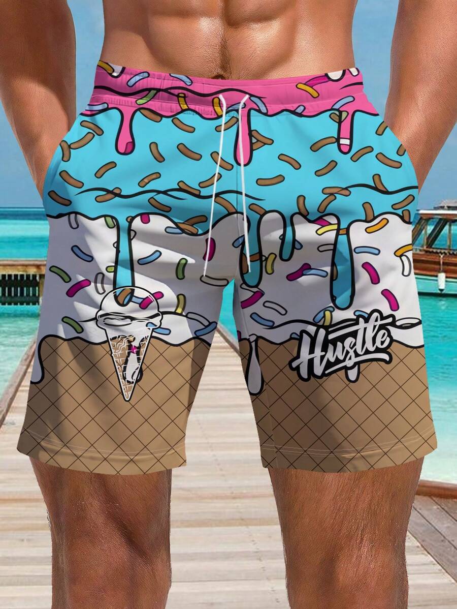 Men's 3D Ice Cream & Cake Print Beach Shorts, Hawaiian Style - Multicolor - View 1