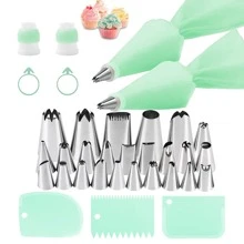 34 件/套不锈钢裱花嘴蛋糕装饰套件，包括 20 个小裱花嘴、5 个中裱花嘴、2 个裱花袋、2 个耦合器、2 个硅胶带、3 个糖霜抹刀、蛋糕装饰喷嘴、纸杯蛋糕、烤盘装饰、烘焙工具、奶油、饼干、厨房小工具 - 裱花工具 - 查看 10