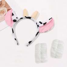 3 件装毛绒大耳朵黑白牛头带 + 腕带，女士动物服装头饰，适合万圣节、派对、四季舞会 - 彩色 - 查看 11