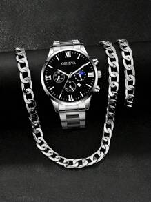 3 pièces/set Montre à quartz en acier inoxydable, bracelet et collier pour hommes et garçons, style décontracté et sportif