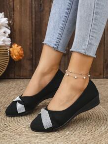 女士优雅闪亮银色水钻装饰圆头一脚蹬坡跟休闲鞋，百搭日常穿着 - 黑色 - 查看 6