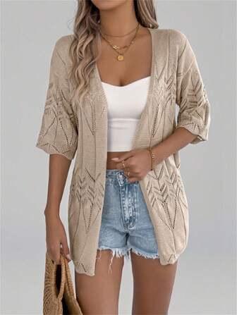 New Summer Hollow-Out Short Sleeve Knitted Cardigan Cover Up Outwear For Women, Suitable For Beach & Vacation