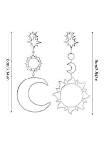 2pcs Women Geometric Hollow Asymmetrical Stud Earrings With Star & Moon Design - Star and Moon Earrings - View 13
