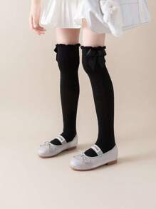 1 Pair Girls Spring/Summer Style Black Bow & Heart Pattern Design Knee-High Socks, Fashionable & Comfortable, Suitable For Various Occasions - Black - View 3