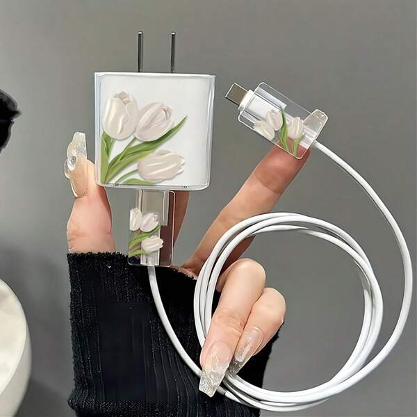 Compatibile con 16 Pro Max, custodia protettiva per caricatore Apple con fiori, cover protettiva per adattatore di ricarica rapida a 30W per 15 Pro, cavo dati compatibile con 13 e cavo protettivo antistrappo per 14