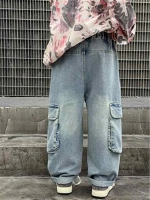 Jeans droits en denim lavé épais de style américain avec fermeture éclair pour adolescents/garçons, pantalons décontractés pour enfants, printemps automne