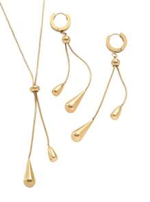 Set de 2 piezas: Pendientes ajustables de gota de agua y collar con cadena de hueso de serpiente de acero de titanio