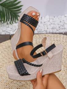 女士厚底坡跟凉鞋，夏季新款透气舒适女士鞋，高跟扣时尚女士凉鞋 - 黑色 - 查看 5