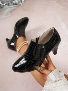 女士时尚优雅高跟鞋，尖头细跟拉链侧开合时尚正装鞋 - 黑色 - 查看 2