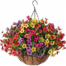 Artificial Faux Hanging Plants Flowers Basket For Summer Outdoor Outside Decoration, Fake Silk UV Sun Resistant Look Real Colorful Daisy Eucalyptus For Porch Home Patio Balcony Yard - Multicolor - View 7