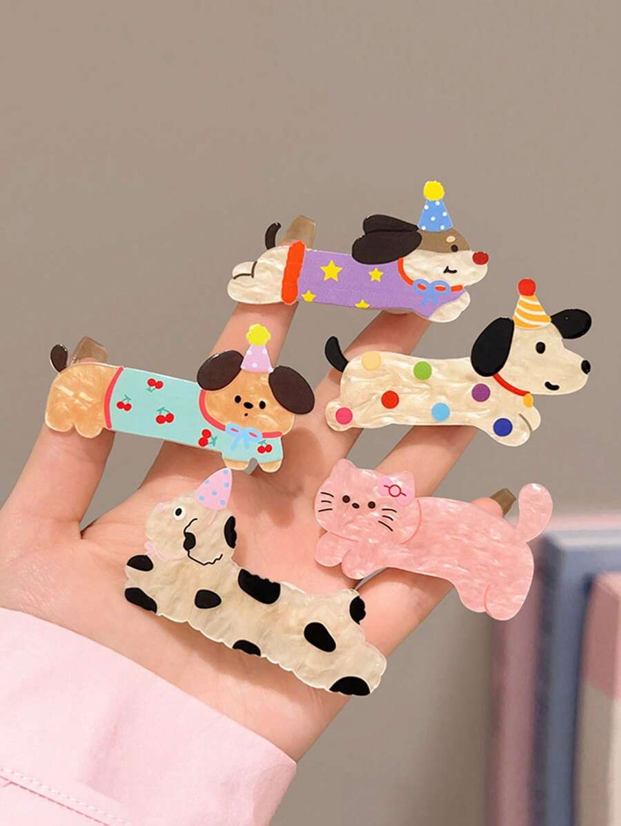 5 Pcs Cute & Sweet Cartoon Cat & Dog Shaped Hair Clips, Suitable For Girls - Multicolor - View 1