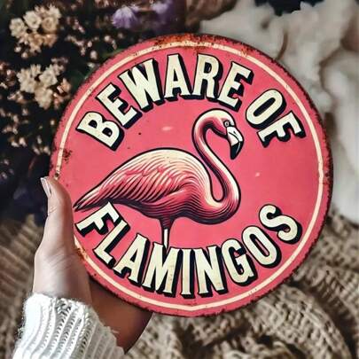 1pc 2D Vintage Style Warning Flamingo Sign - 8x8 Inch Metal Wall Decor, Suitable For Bedroom, Kitchen, Dining Room, Bar - Unique Easy-Hang Design, Durable For Indoor And Outdoor Use, Applicable For Home, Garden, Cafe, Gallery, Gym, Garage, Round Sign With Floral And Bird Design, Random Hole Positions