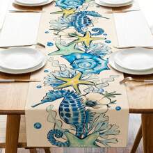 1 pièce Chemin de table d'été de style côtier, hippocampe, coquillage, étoile de mer, anémone de mer, fleur de jute. Décoration de cuisine, décoration de maison nautique de printemps, intérieur et extérieur, fournitures de fête