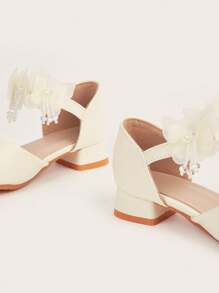 1 双女童幼儿蝴蝶结 PU 皮革高跟鞋圆头舒适防滑鞋，白色和粉色，优雅时尚百搭，表演/派对鞋，适合春季、夏季、秋季