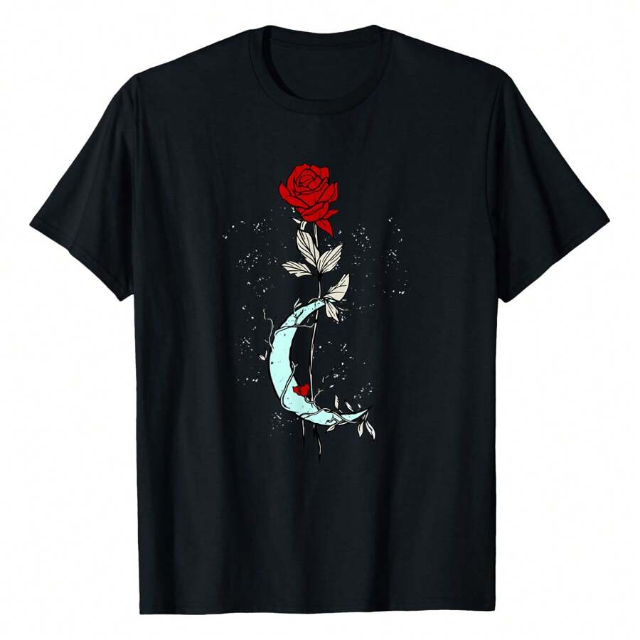 Rose Flower Moon Magical Gothic Goth T-Shirt Women's Plus Size Graphic Tee - Black - View 1