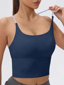 Top deportivo de tirantes anchos con almohadilla fija, camisola de yoga elástica con bloques de color para mujer - Azul Marino - Ver 3