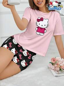 Sanrio 2 pezzi Pigiama da donna Hello Kitty di Sanrio, con stampa a fiocco e lettera, top a maniche corte e pantaloncini corti