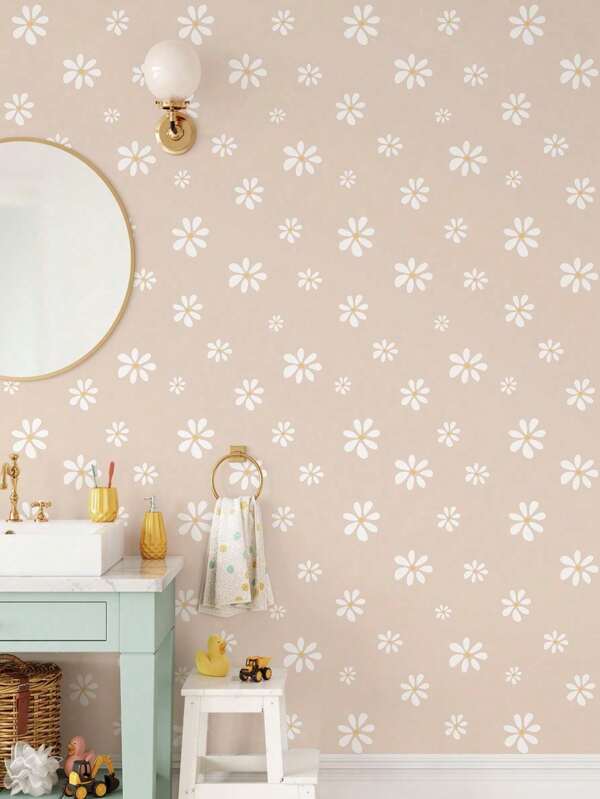 1pc Pink & Gray Floral Wallpaper, Thick, Waterproof & Moistureproof, Self-Adhesive Removable Mural Sticker For Decoration In Kids Room, Living Room, Nursery, Classroom