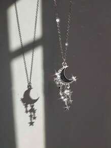 Retro Gothic Style Rhinestone Star Stainless Steel Chain Necklace, Unisex - Silver - View 1