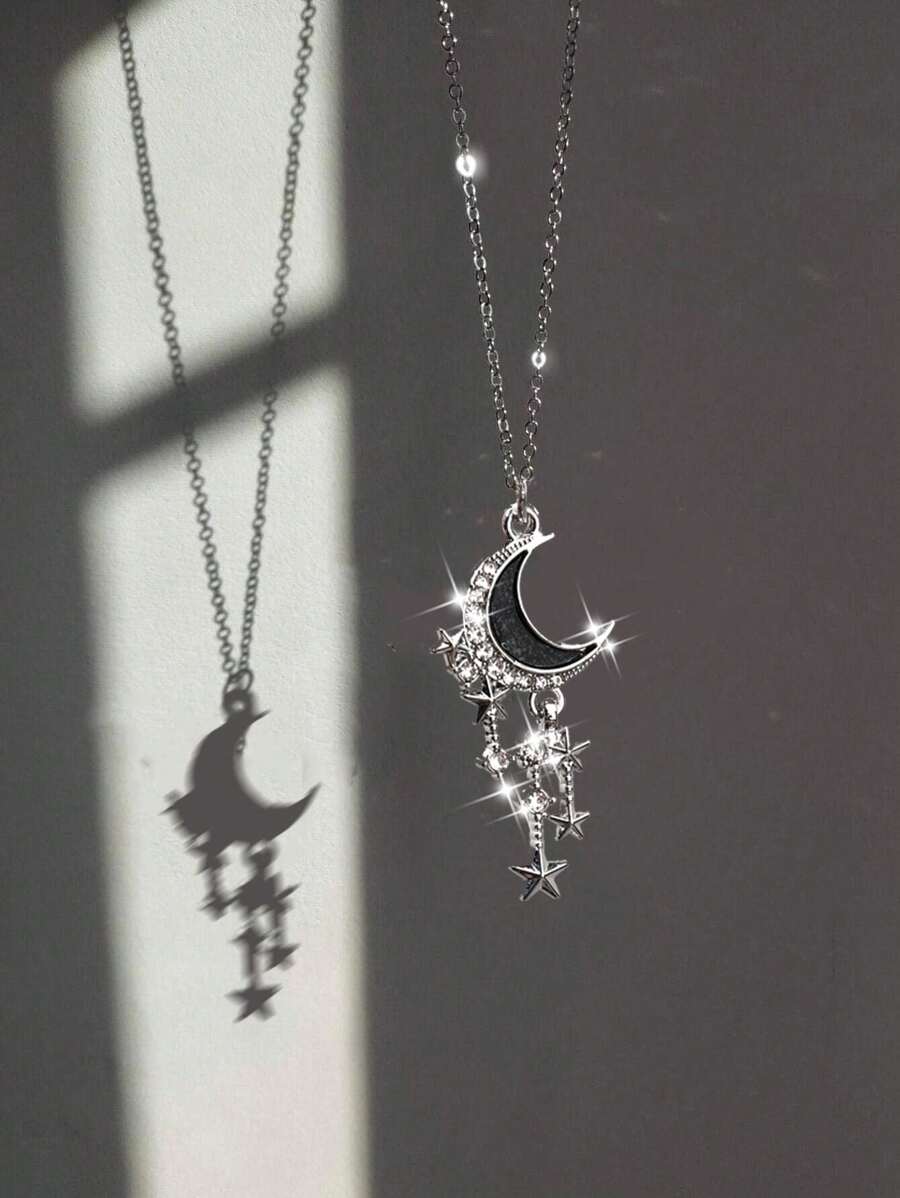 Retro Gothic Style Rhinestone Star Stainless Steel Chain Necklace, Unisex - Silver - View 1