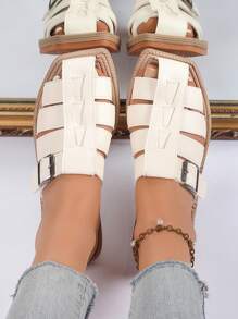 Women's Woven Crisscross Decorated Straw Bottom Sandals, Vacation Style Summer Beige Leather Flat Sandals
