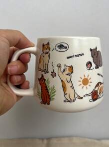 1 pieza Taza cerámica con forma de gato linda y práctica para el hogar y la oficina, patrón aleatorio, para café o leche, de vuelta a la escuela - Blanco - Ver 3
