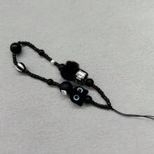 Monster Cat Black Short Lanyard Beaded Camera Wrist Strap Pendant Necklace Mobile Phone Chain Accessories Gifts For Mother, Family, Friends, Birthday, Holiday Phone Charm