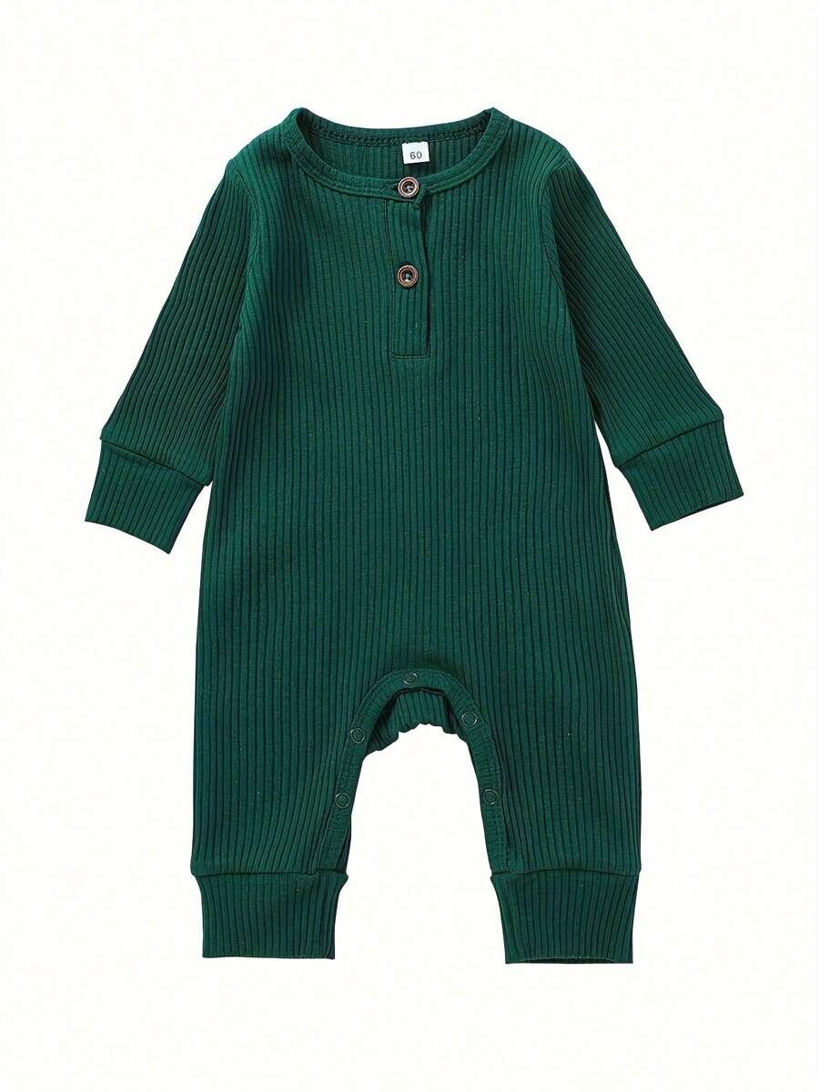 Newborn Baby Boy Girl Knitted Rib Romper Infant One Piece Jumpsuit Cotton Solid Long Sleeve  Bodysuit Basic Coming Home Outfits - 綠色 - 查看 1