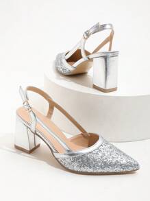 Pointy Toe Silver Sexy Single Buckle Strap Chunky High Heel Slip-On Backless Pumps, Versatile New Style - Silver - View 5