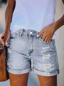 Women's Plus Size Pocket Ripped Loose Casual Denim Shorts