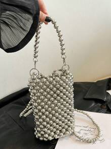 时尚、高品质手工串珠手机包，简约百搭，小众设计斜挎包，小巧轻便 - 灰色 - 查看 6