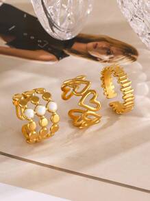 3pcs/Set Stainless Steel 18K Gold Plated Minimalist Geometric Heart Open Ring, Suitable For Women Everyday Wearing - Multicolor - View 3