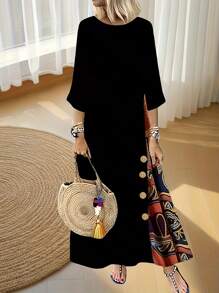 春夏新款休闲七分袖加大码中长连衣裙，带口袋的花卉拼布，女式连衣裙