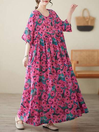 Chinese Spring Festival, 2026 Top, Women's Dress, Top, Middle Eastern Everyday Wear, Women's Plus Size Inside Nightdress, Summer New Bohemian Holiday Beach Wear, Crew-Neck Print Loose Middle-Aged And Elderly Mother Dress,