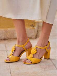 Fashionable Versatile Elegant Solid Crocodile Embossed High Heel Sandals Stylish Sandals Summer Sandals For Women - Yellow - View 1