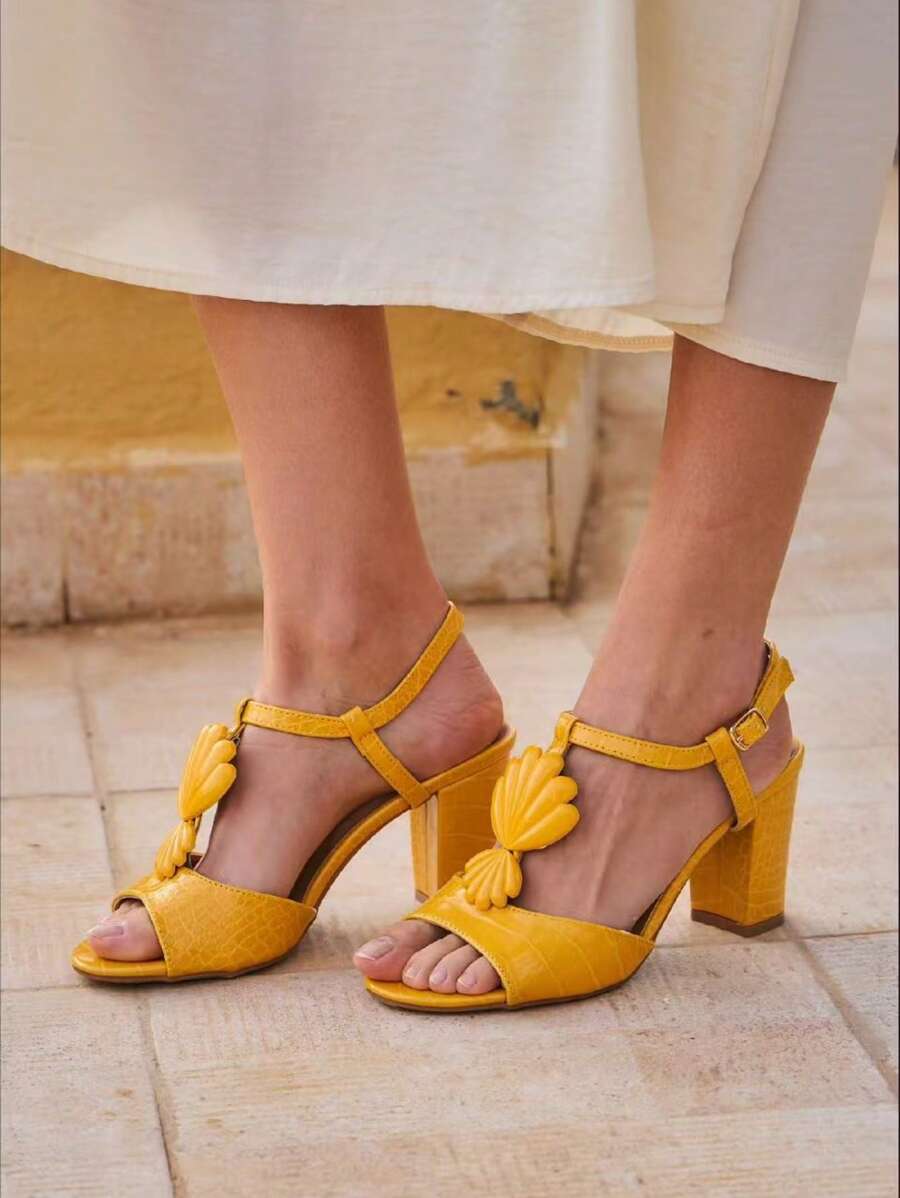 Fashionable Versatile Elegant Solid Crocodile Embossed High Heel Sandals Stylish Sandals Summer Sandals For Women - Yellow - View 1