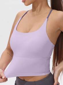 Top deportivo de yoga con bloques de color y almohadillas extraíbles para mujer - Púrpura malva - Ver 4