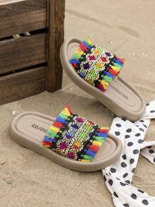 Girls' Thick Bottom Slip-On Braided Multi-Color Plush Design Beach Sandals, Non-Slip Comfortable With Everything - Multicolor - View 5
